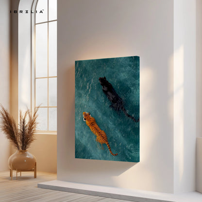 Tiger & Panther Swimming Wall Art – Minimal Wildlife Canvas Frame | Aesthetic Animal Poster Pakistan | IBRELIA™ IBRELIA