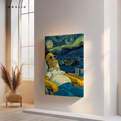 Starry Night Cartoon Relax Wall Art – Artistic Parody Canvas Frame | Aesthetic Chill Poster Pakistan | IBRELIA™ IBRELIA