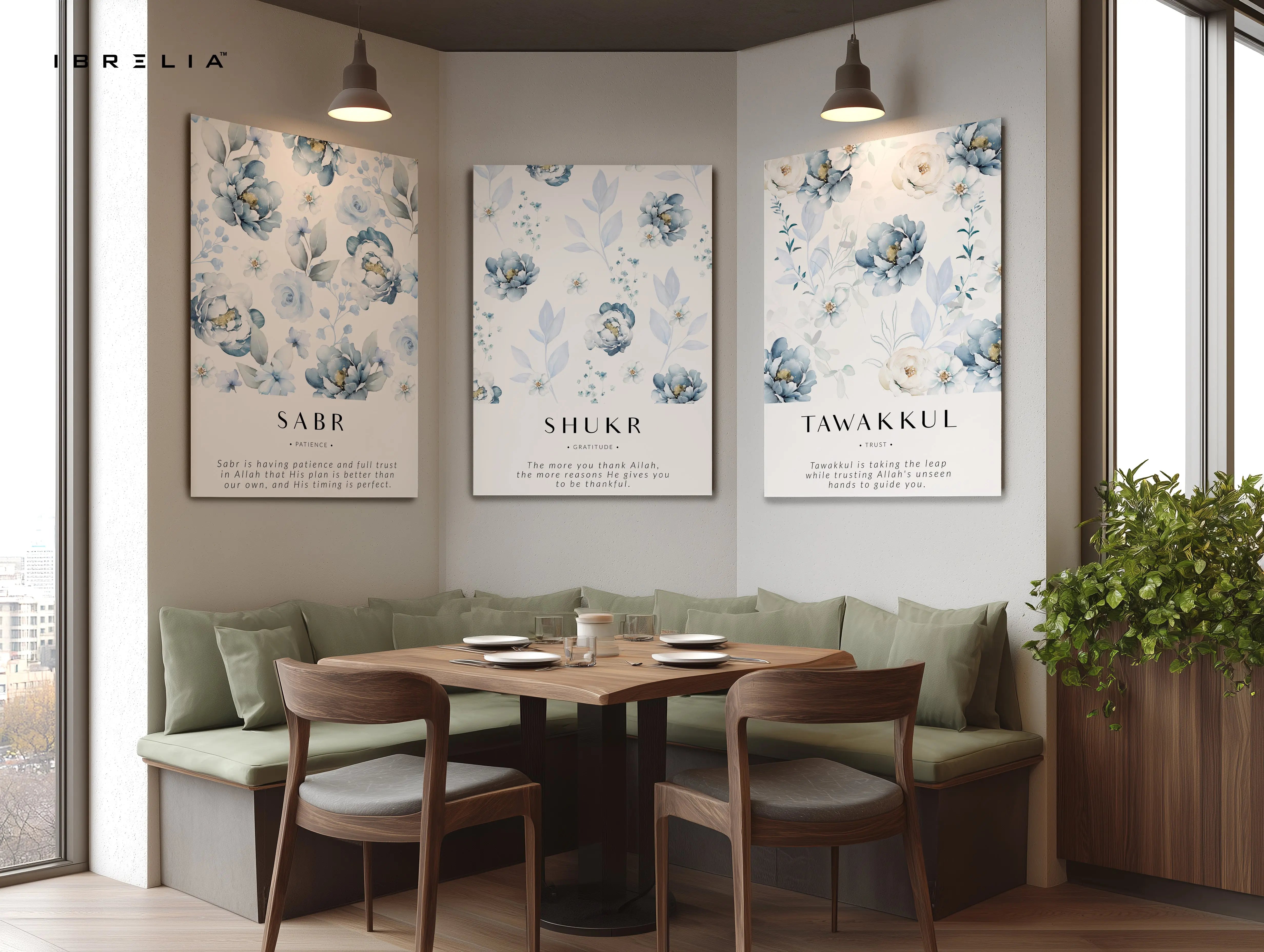 Sabr Shukr Tawakkul Floral Islamic 3 Panel 4K Ultra HD Wall Art in Pakistan | IBRELIA™ IBRELIA