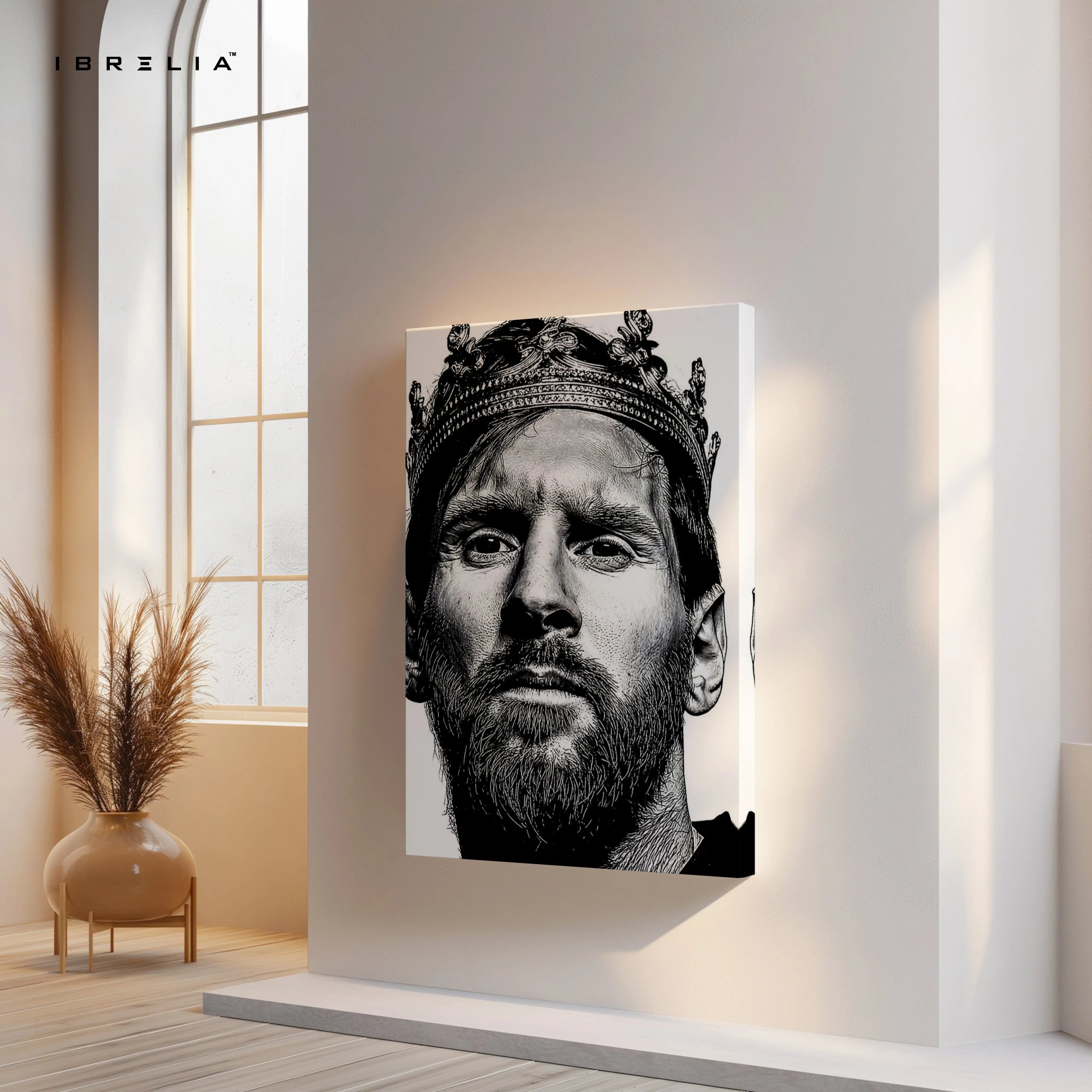 Lionel Messi Crown Portrait Wall Art – Black & White King Messi Canvas Frame | Football Legend Poster Pakistan | IBRELIA™ IBRELIA