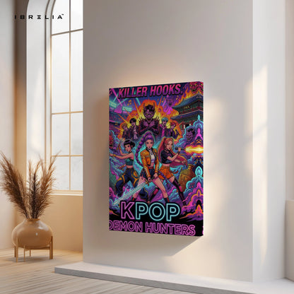 KPOP Demon Hunters Wall Art – Neon Anime Style Canvas Frame | Killer Hooks Poster Pakistan | IBRELIA™ IBRELIA