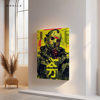 Cyberpunk Jason Mask Art – Neon Horror 4K Ultra Wrap Frame Wall Art in Pakistan | IBRELIA™