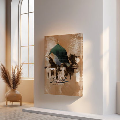 Prophet Muhammad (PBUH) Calligraphy Art – Masjid e Nabawi Green Dome Islamic Wall Art | 4K Ultra Wrap Frame Wall Art in Pakistan | IBRELIA™