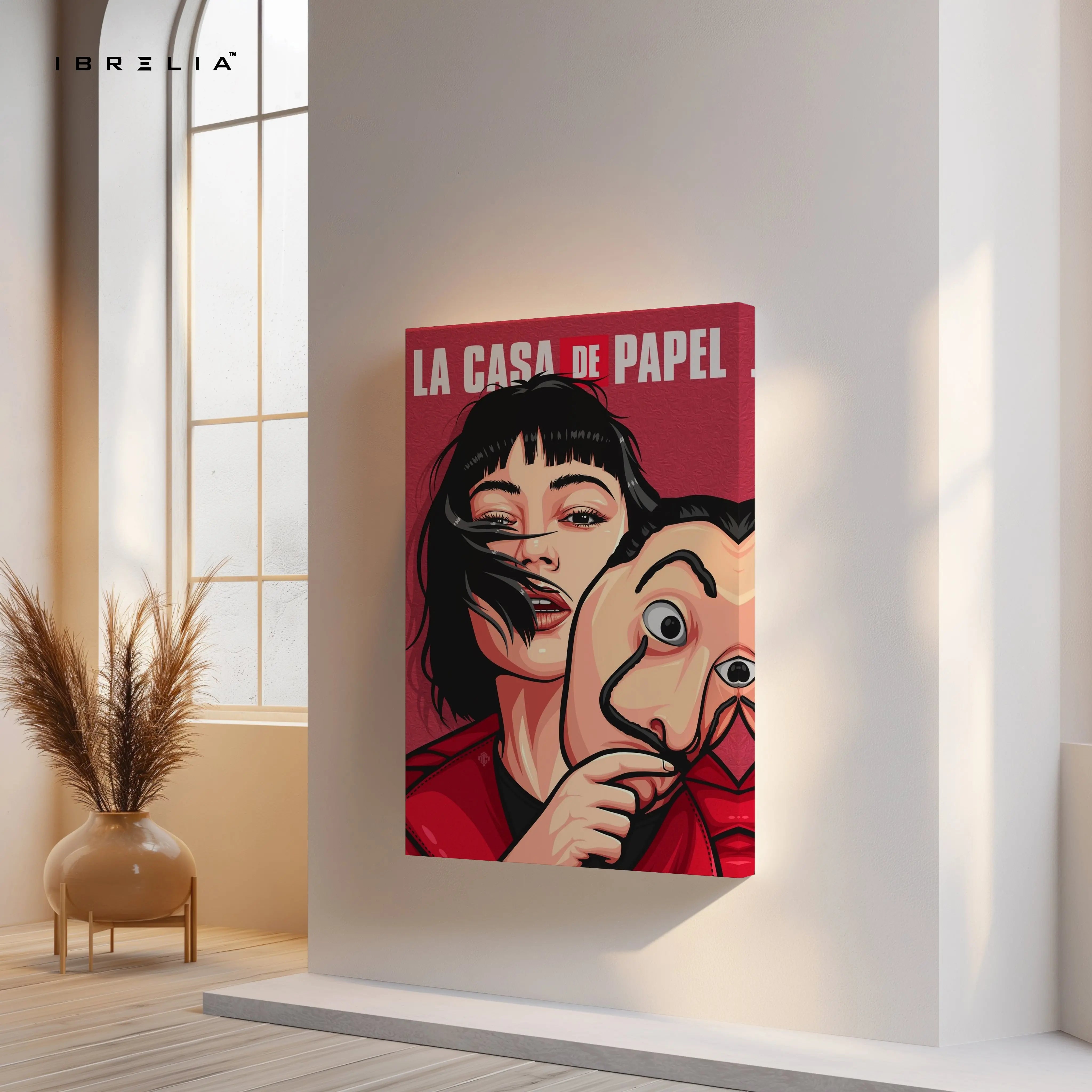Heist Mask Girl Wall Art – Rebel Crime Canvas Frame | Bold Series Scene Decor Pakistan | IBRELIA™ IBRELIA