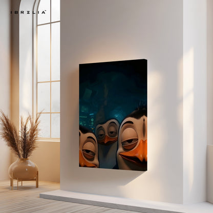 Midnight Mischief Penguins – Fun Animated 4K Ultra Wrap Frame Wall Art | IBRELIA™