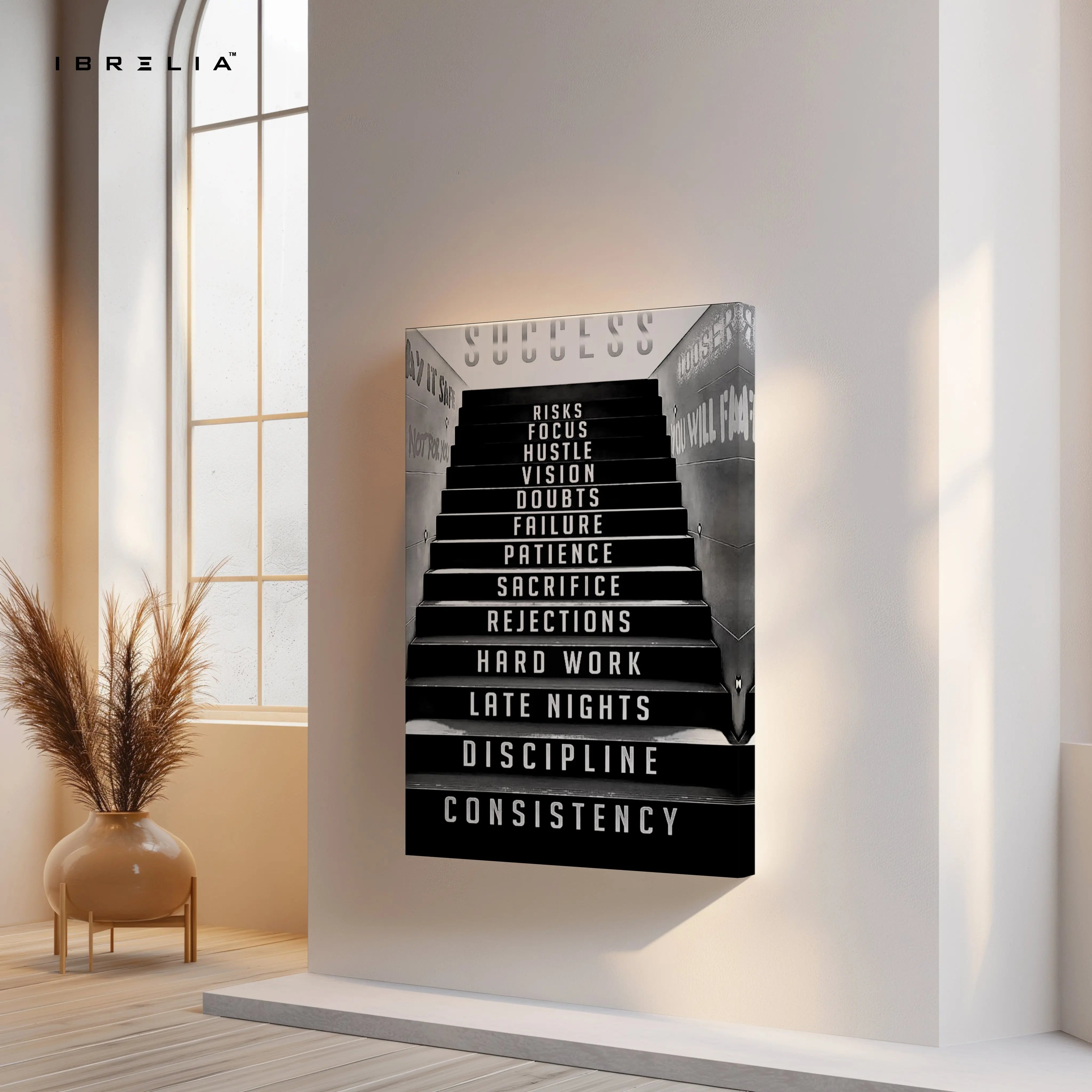 Success Staircase Motivation Wall Art – Hustle & Discipline Canvas Frame | Inspirational Office Poster Pakistan | IBRELIA™ IBRELIA