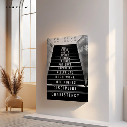 Success Staircase Motivation Wall Art – Hustle & Discipline Canvas Frame | Inspirational Office Poster Pakistan | IBRELIA™ IBRELIA