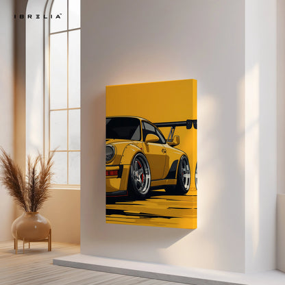 Porsche Yellow Widebody Wall Art – Sports Car Racing Canvas Frame Pakistan | JDM Style Car Poster | IBRELIA™ IBRELIA