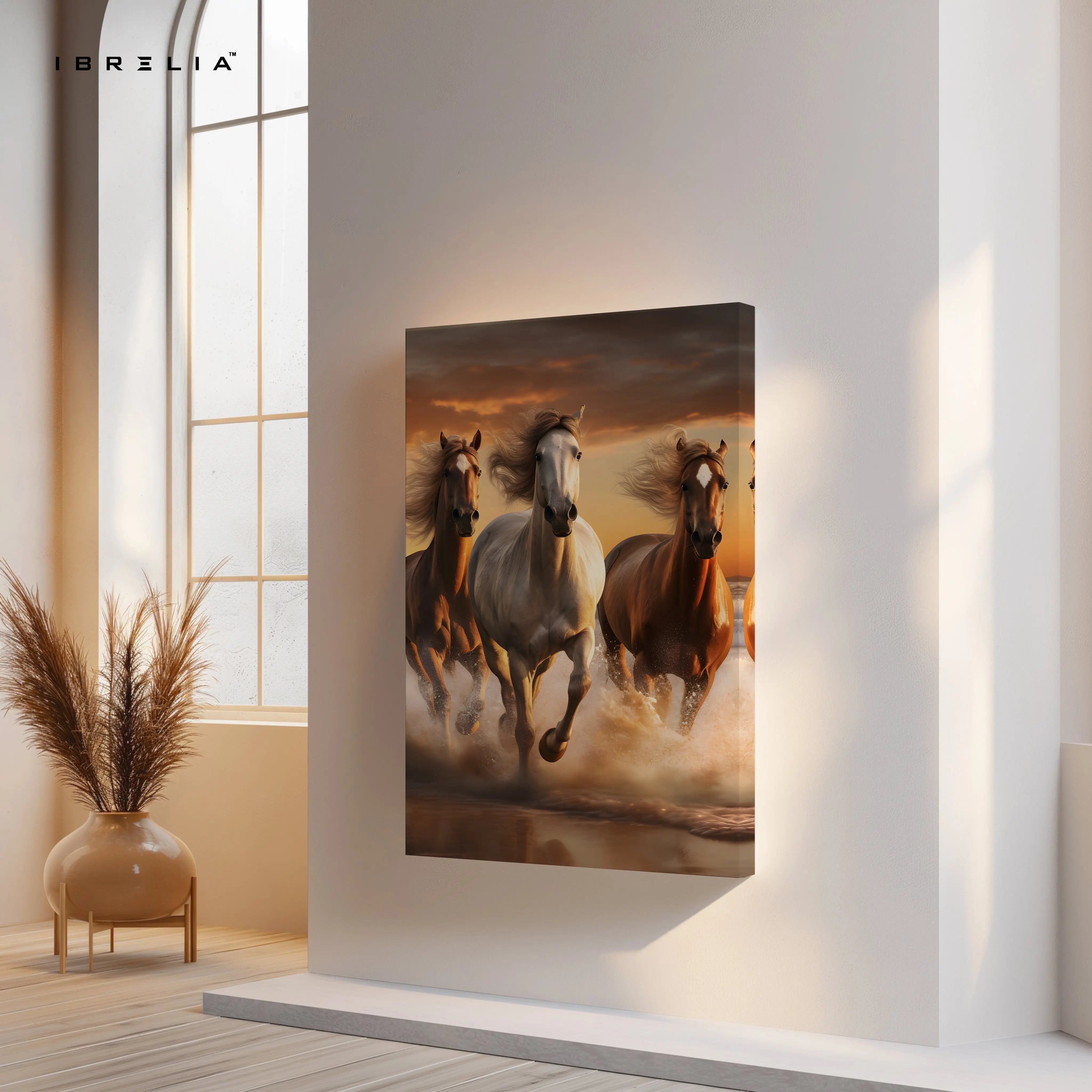 Wild Stallions Power Art – Running Horses Golden Sunset Wall Art | 4K Ultra Wrap Frame Wall Art in Pakistan | IBRELIA™ IBRELIA