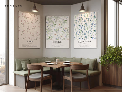 Sabr Shukr Tawakkul Botanical Islamic 3 Panel 4K Ultra HD Wall Art in Pakistan | IBRELIA™ IBRELIA