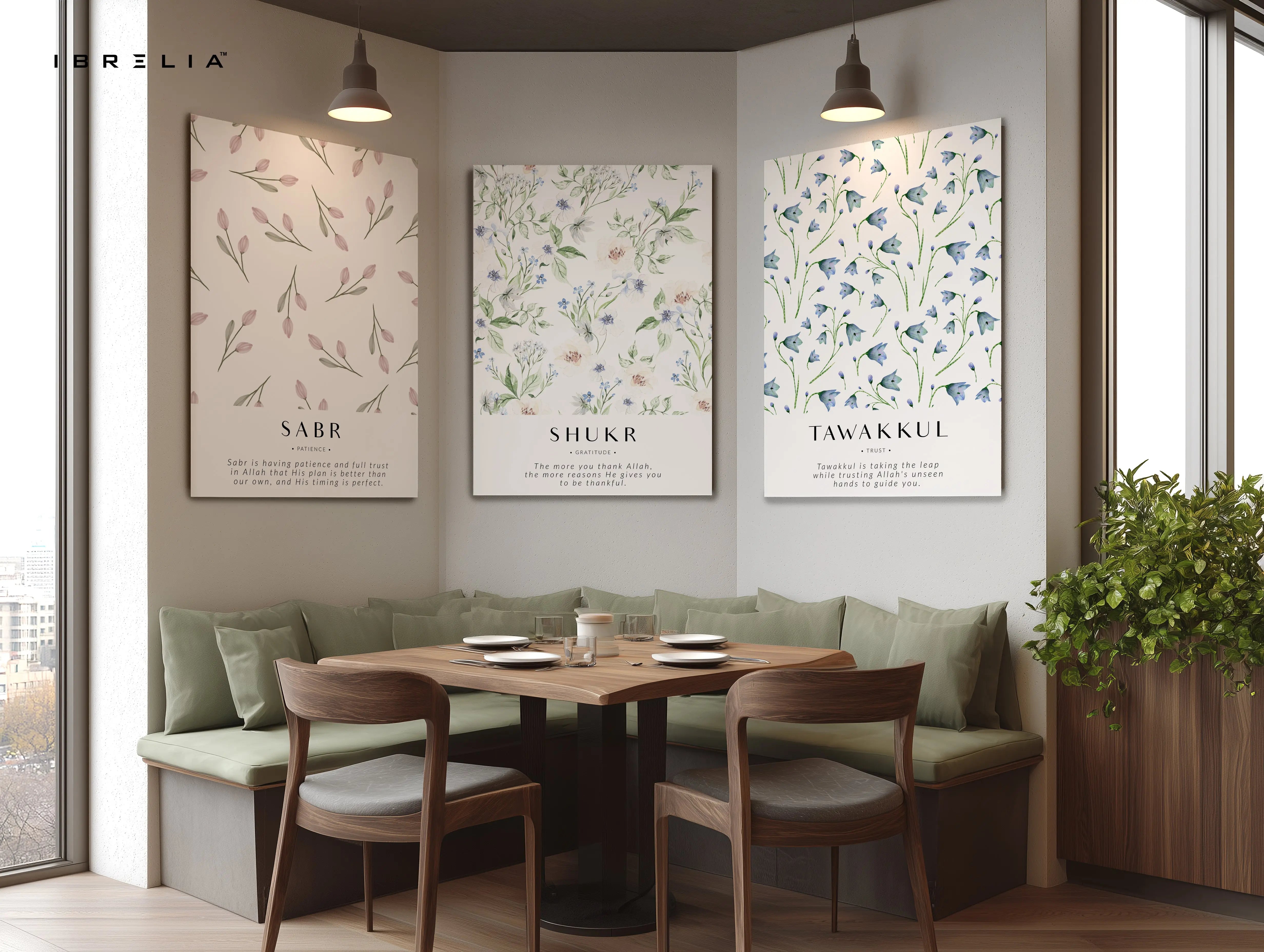 Sabr Shukr Tawakkul Botanical Islamic 3 Panel 4K Ultra HD Wall Art in Pakistan | IBRELIA™ IBRELIA