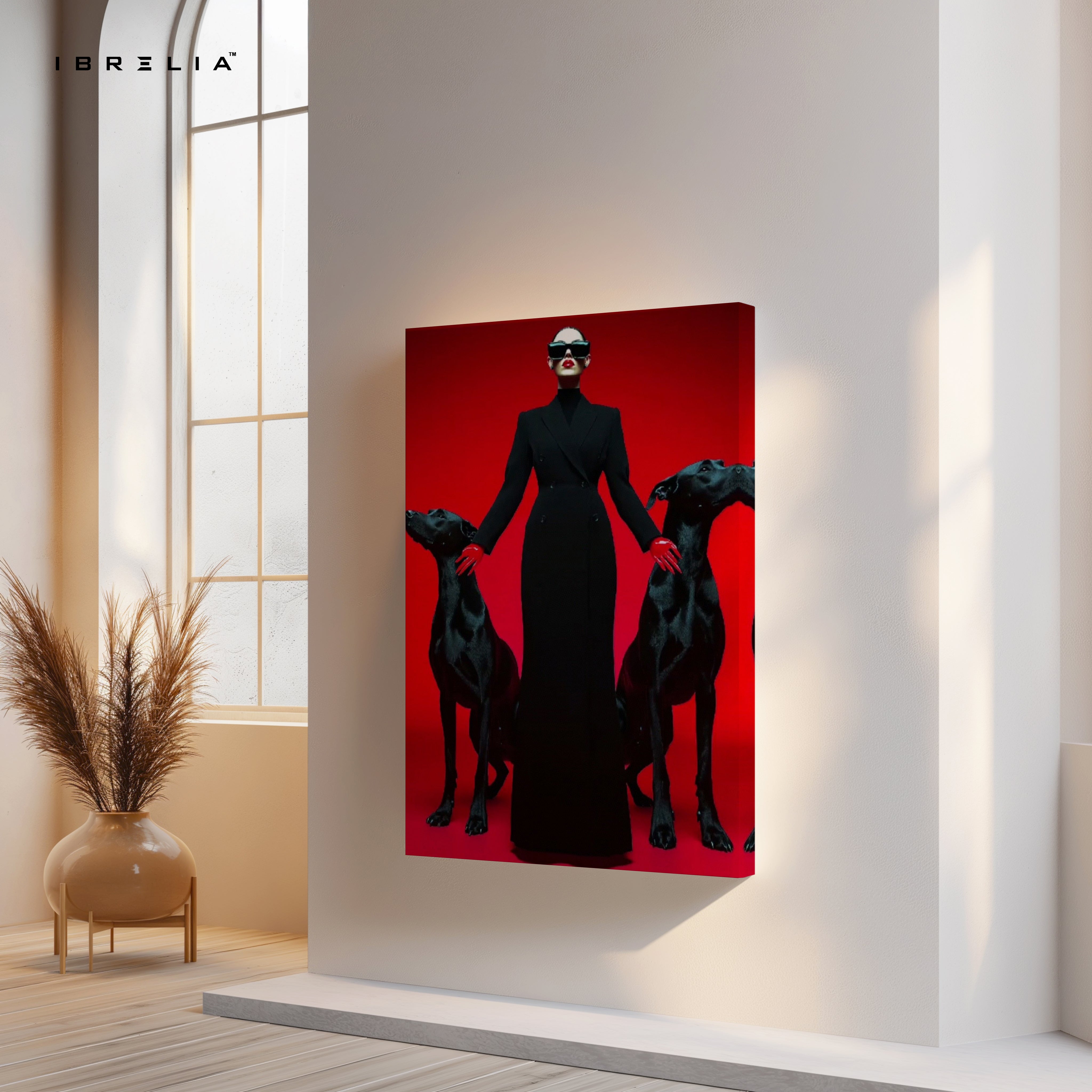Dominance & Elegance – Fashion Woman with Dobermans 4K Ultra Wrap Frame Wall Art in Pakistan | IBRELIA™