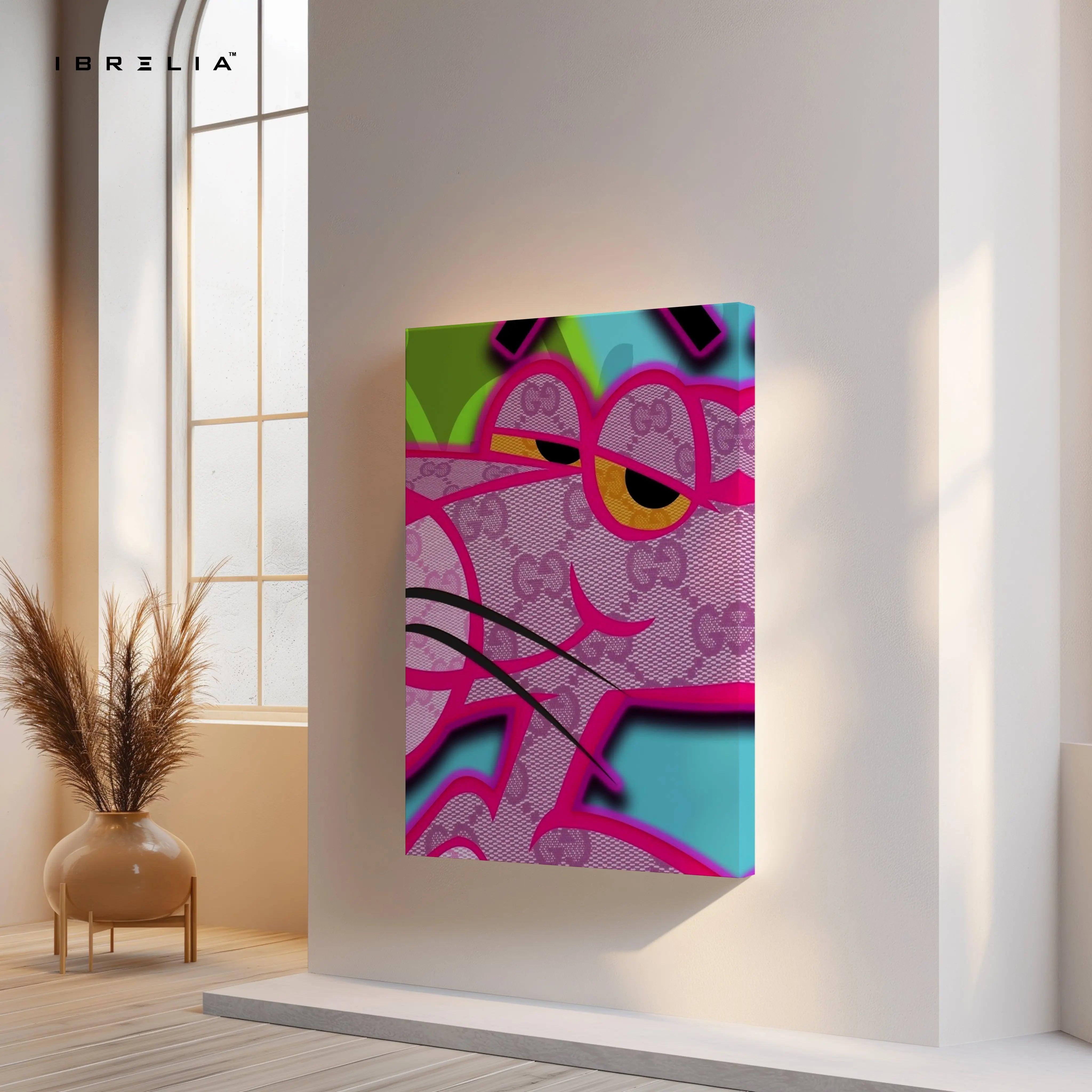Gucci x Pink Panther Wall Art – Neon Luxury Cartoon Canvas Frame | Designer Street Style Poster Pakistan | IBRELIA™ IBRELIA