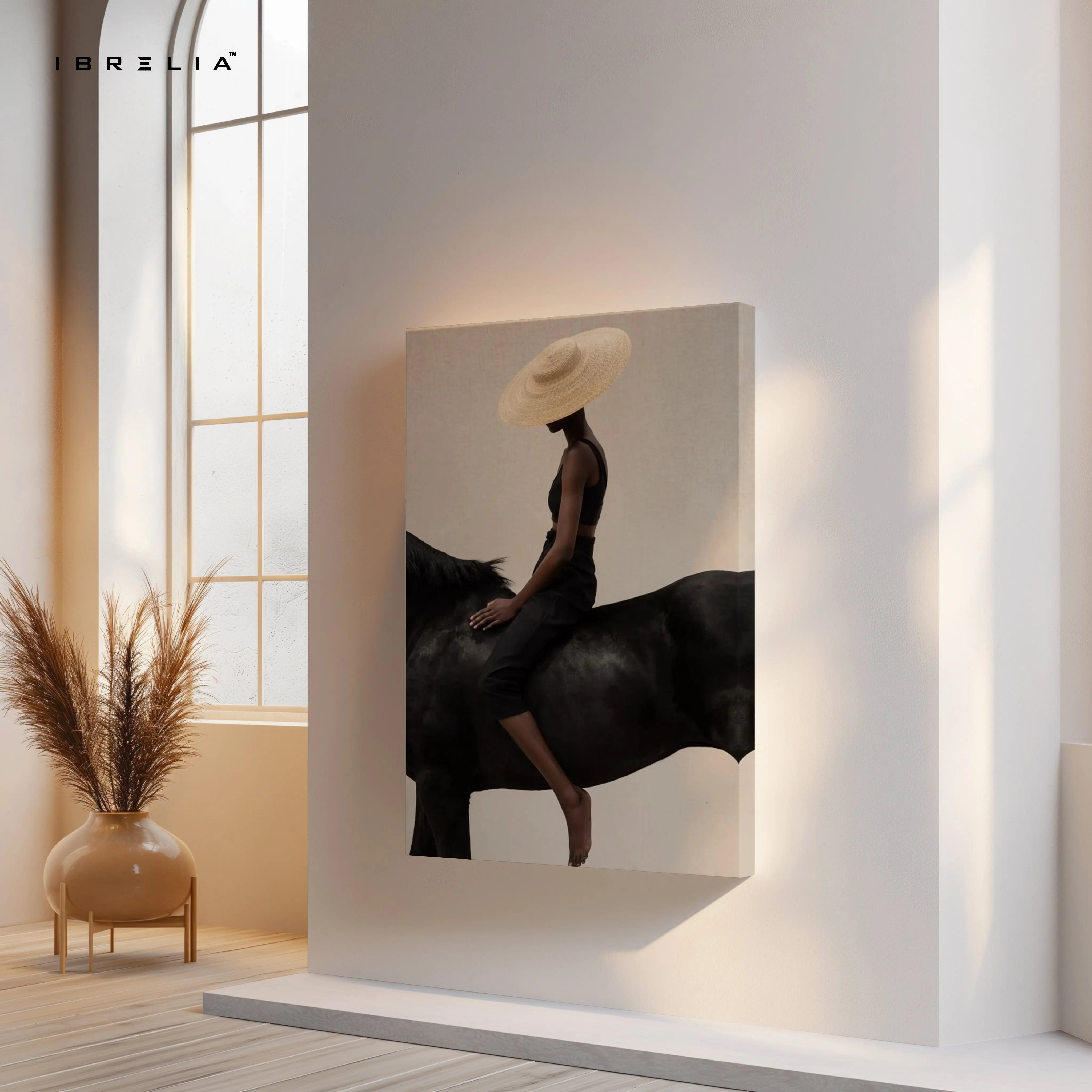 Minimal Equestrian Elegance Art – Modern Woman on Horse Aesthetic Wall Art | 4K Ultra Wrap Frame Wall Art in Pakistan | IBRELIA™ IBRELIA