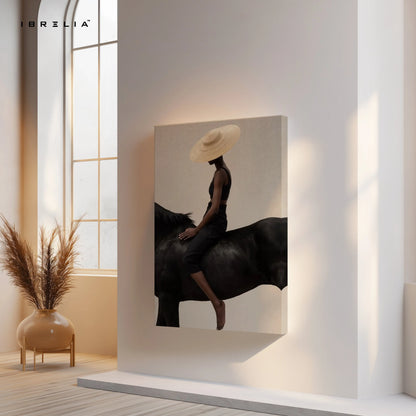 Minimal Equestrian Elegance Art – Modern Woman on Horse Aesthetic Wall Art | 4K Ultra Wrap Frame Wall Art in Pakistan | IBRELIA™ IBRELIA