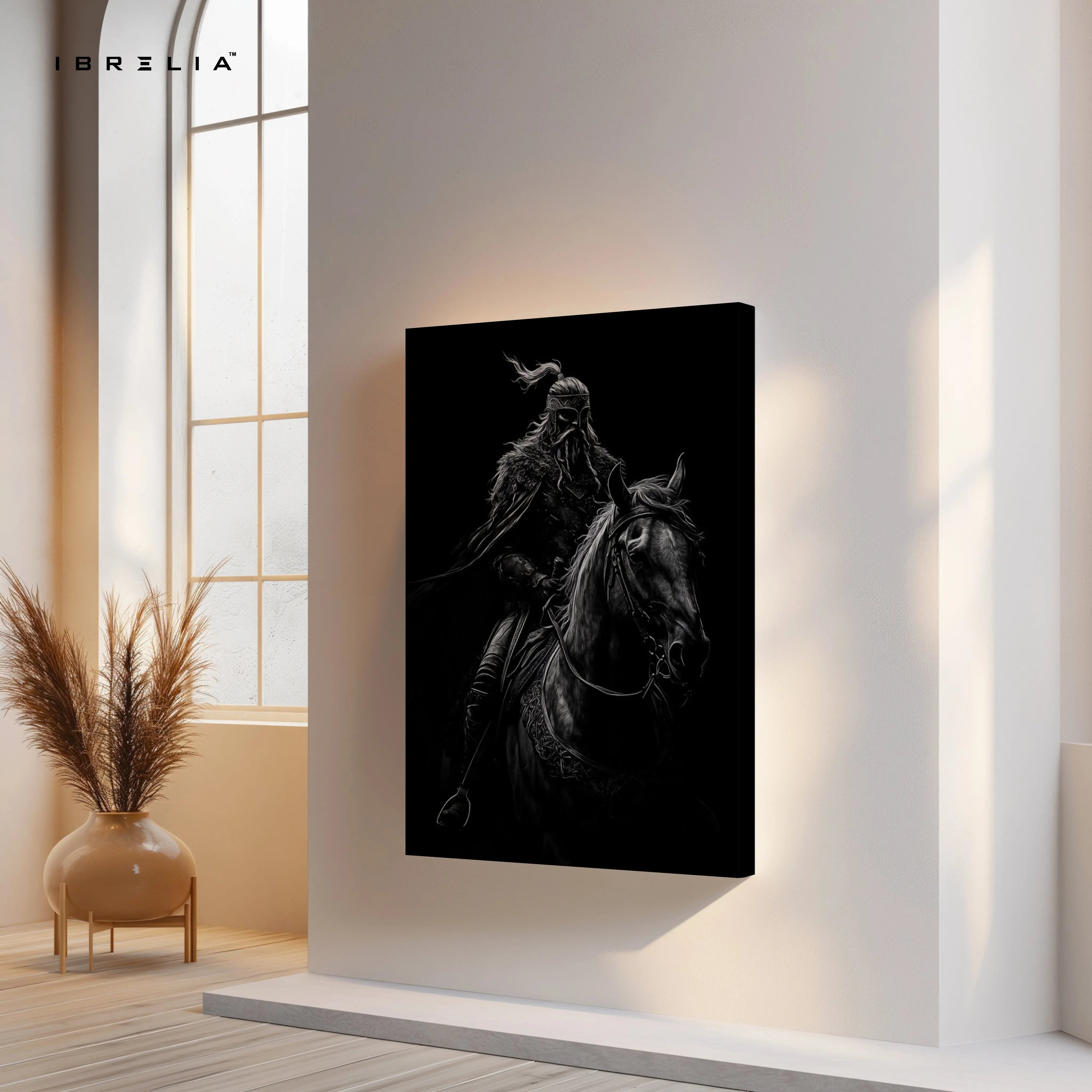 Dark Warrior Wall Art – Viking Rider Canvas Frame | Black Aesthetic Horse Poster Pakistan | IBRELIA™ IBRELIA
