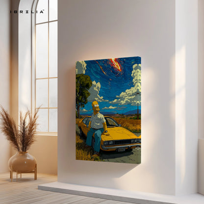 Cartoon Desert Sky Wall Art – Aesthetic Car Scene Canvas Frame | Cinematic Illustration Poster Pakistan | IBRELIA™ IBRELIA