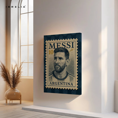 Lionel Messi Vintage Wall Art – Argentina Football Legend Canvas Frame | Retro Stamp Style Poster Pakistan | IBRELIA™ IBRELIA