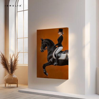 Royal Dressage Elegance Art – Black Horse Rider Luxury Minimal Wall Art | 4K Ultra Wrap Frame Wall Art in Pakistan | IBRELIA™ IBRELIA