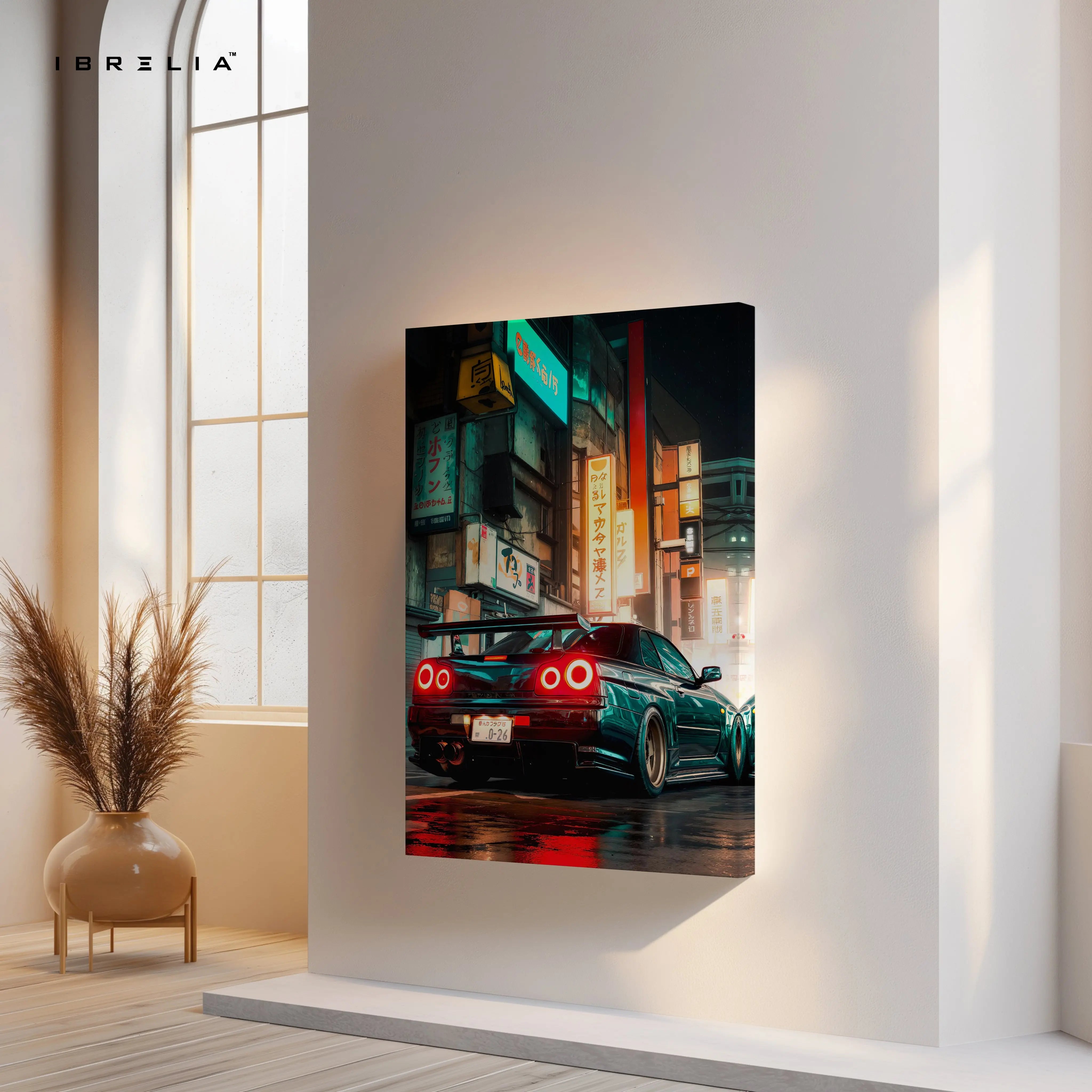 JDM Neon Night Street Car Art – Cyberpunk Tokyo Style Sports Car Wall Art | 4K Ultra Wrap Frame Wall Art in Pakistan | IBRELIA™ IBRELIA