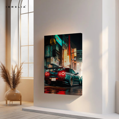 JDM Neon Night Street Car Art – Cyberpunk Tokyo Style Sports Car Wall Art | 4K Ultra Wrap Frame Wall Art in Pakistan | IBRELIA™ IBRELIA