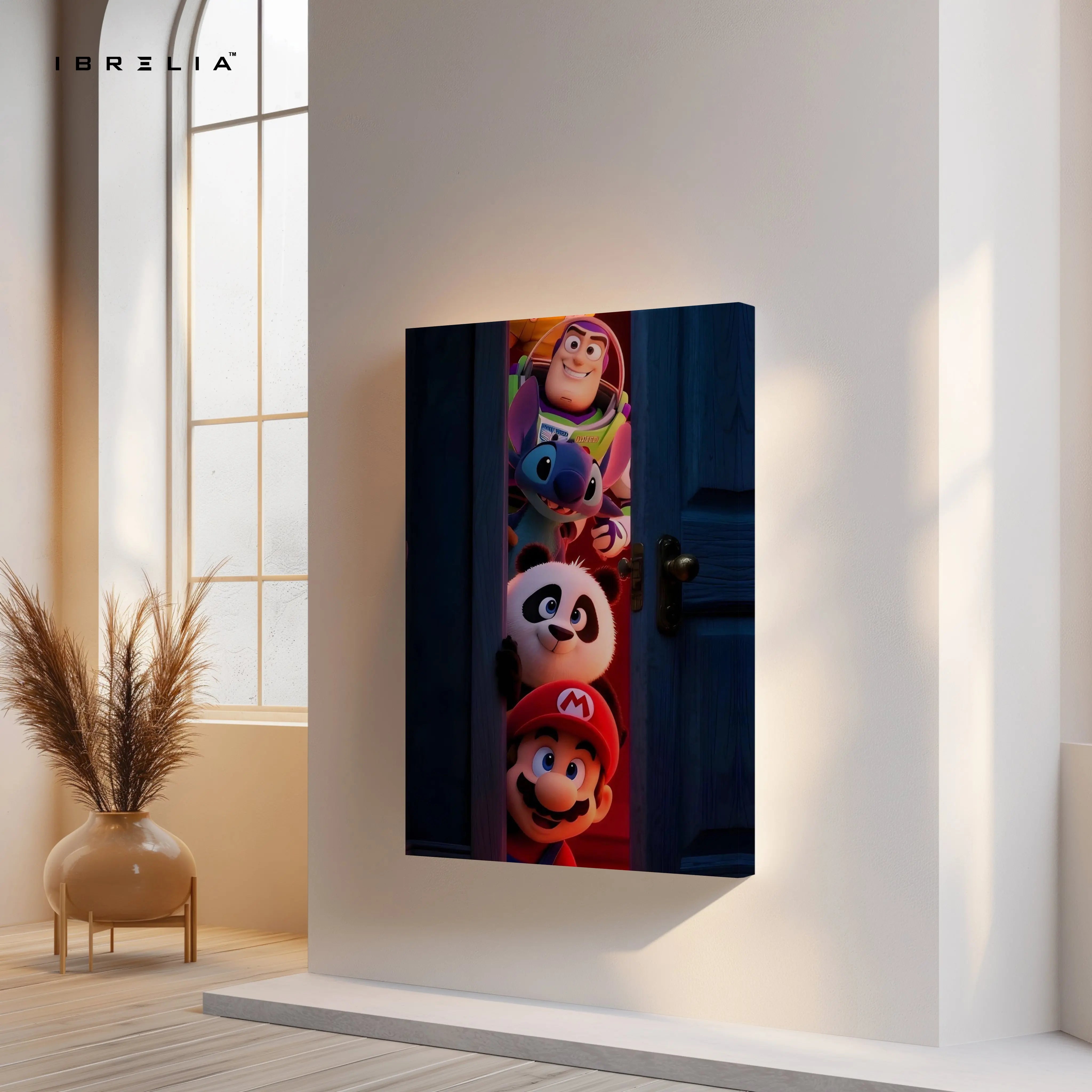 Cartoon Crossover Door Wall Art – Mario Buzz Stitch Panda Canvas Frame | Gaming & Character Decor Pakistan | IBRELIA™ IBRELIA