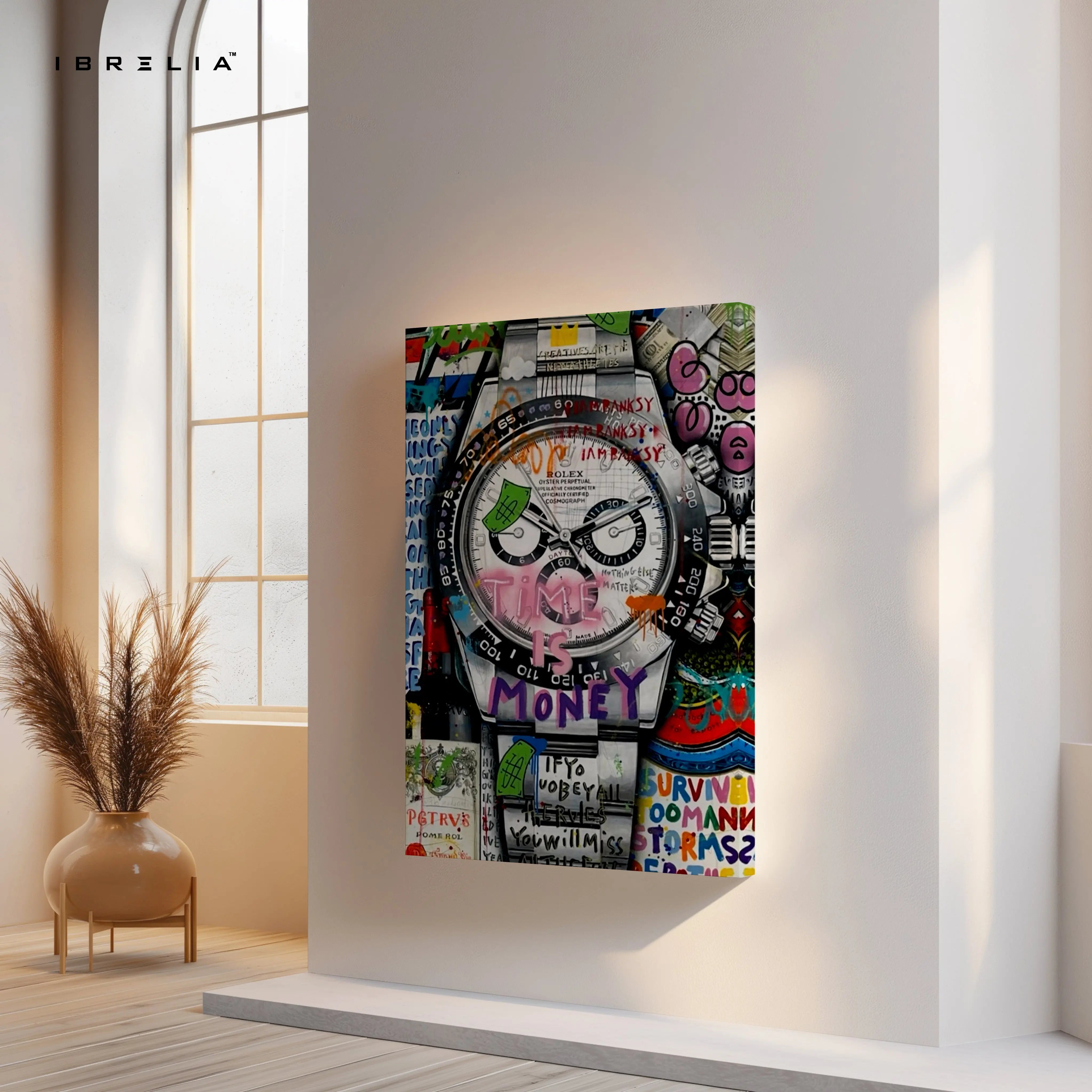 Luxury Watch Graffiti Wall Art – Rolex Inspired Street Art Poster | Time Is Money Canvas Frame Pakistan | IBRELIA™ IBRELIA