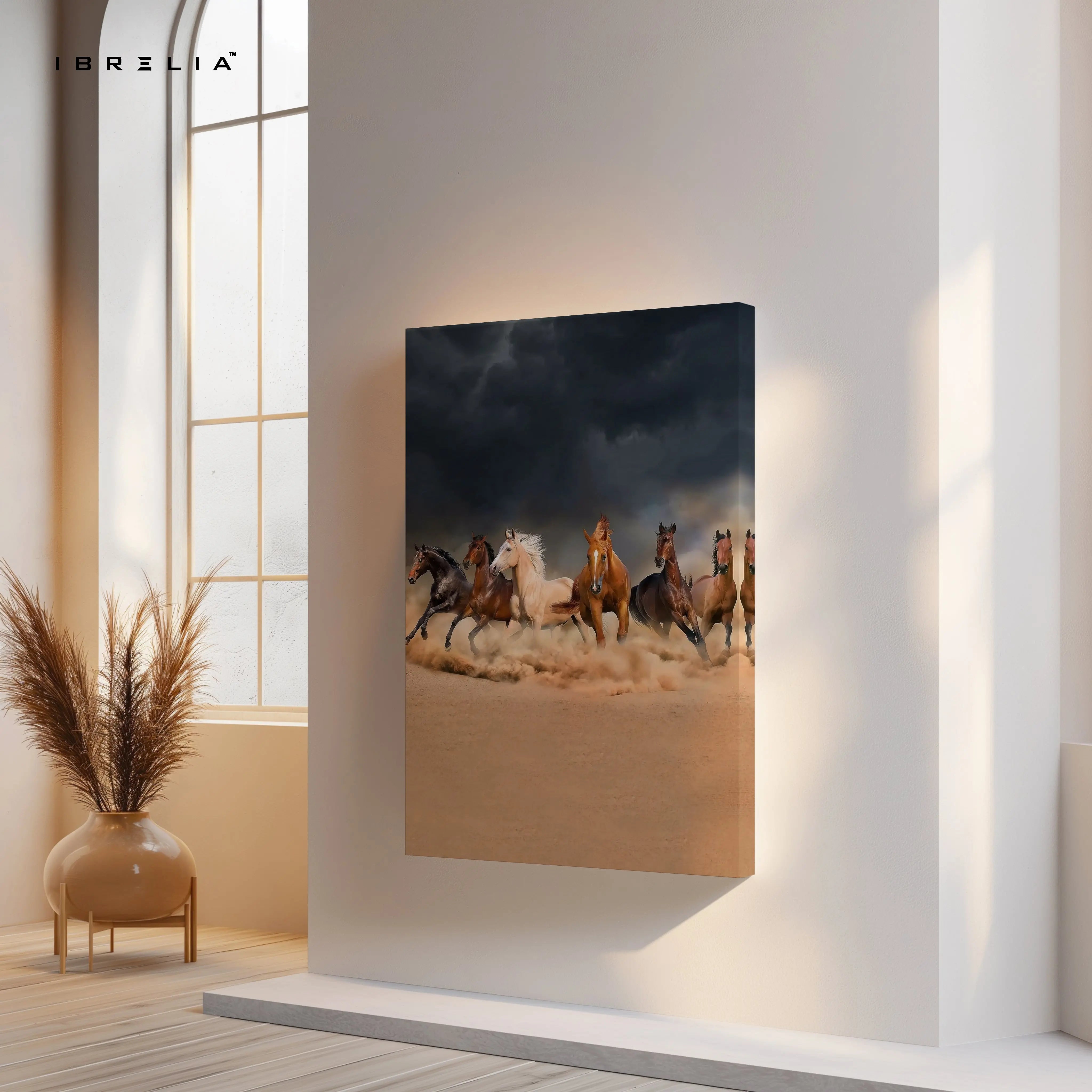 Storm Stallions Charge Art – Wild Running Horses Dark Sky Wall Art | 4K Ultra Wrap Frame Wall Art in Pakistan | IBRELIA™ IBRELIA