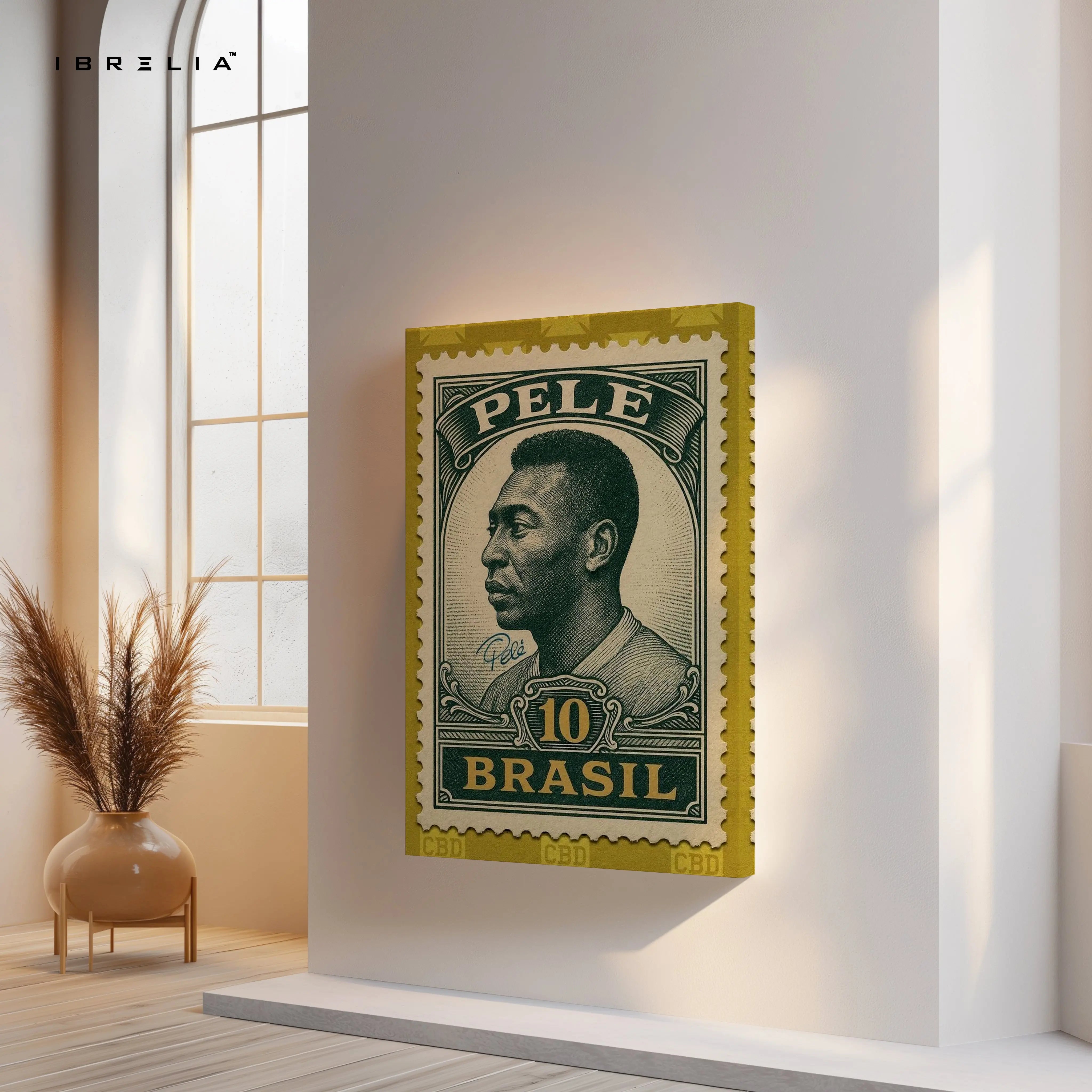 Pelé Vintage Stamp Wall Art – Brazil Football Legend Canvas Frame | Classic Sports Poster Pakistan | IBRELIA™ IBRELIA