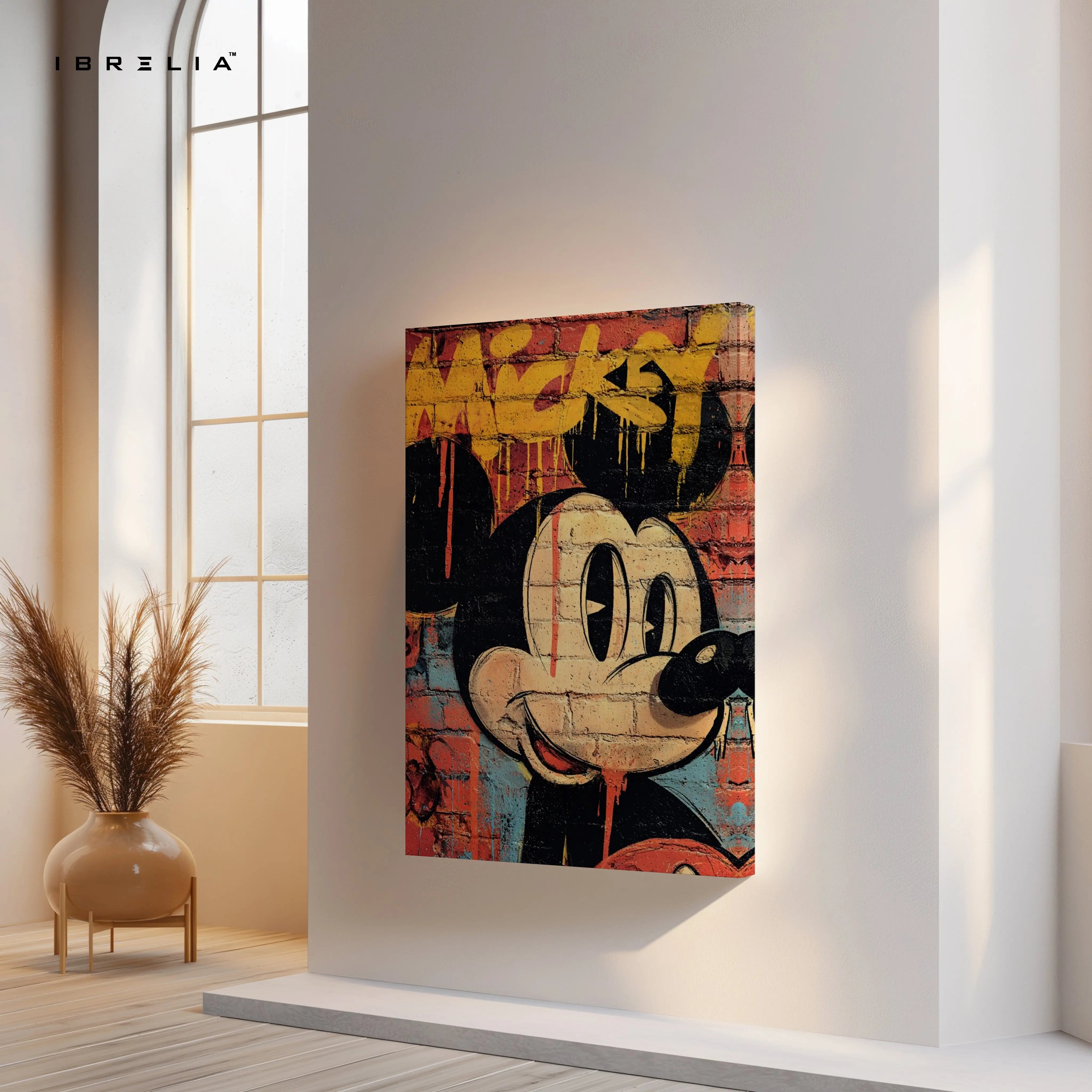 Mickey Mouse Graffiti Wall Art – Street Art Cartoon Canvas Frame | Urban Brick Style Poster Pakistan | IBRELIA™ IBRELIA