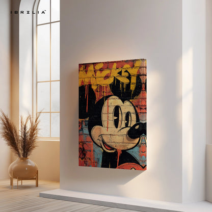 Mickey Mouse Graffiti Wall Art – Street Art Cartoon Canvas Frame | Urban Brick Style Poster Pakistan | IBRELIA™ IBRELIA