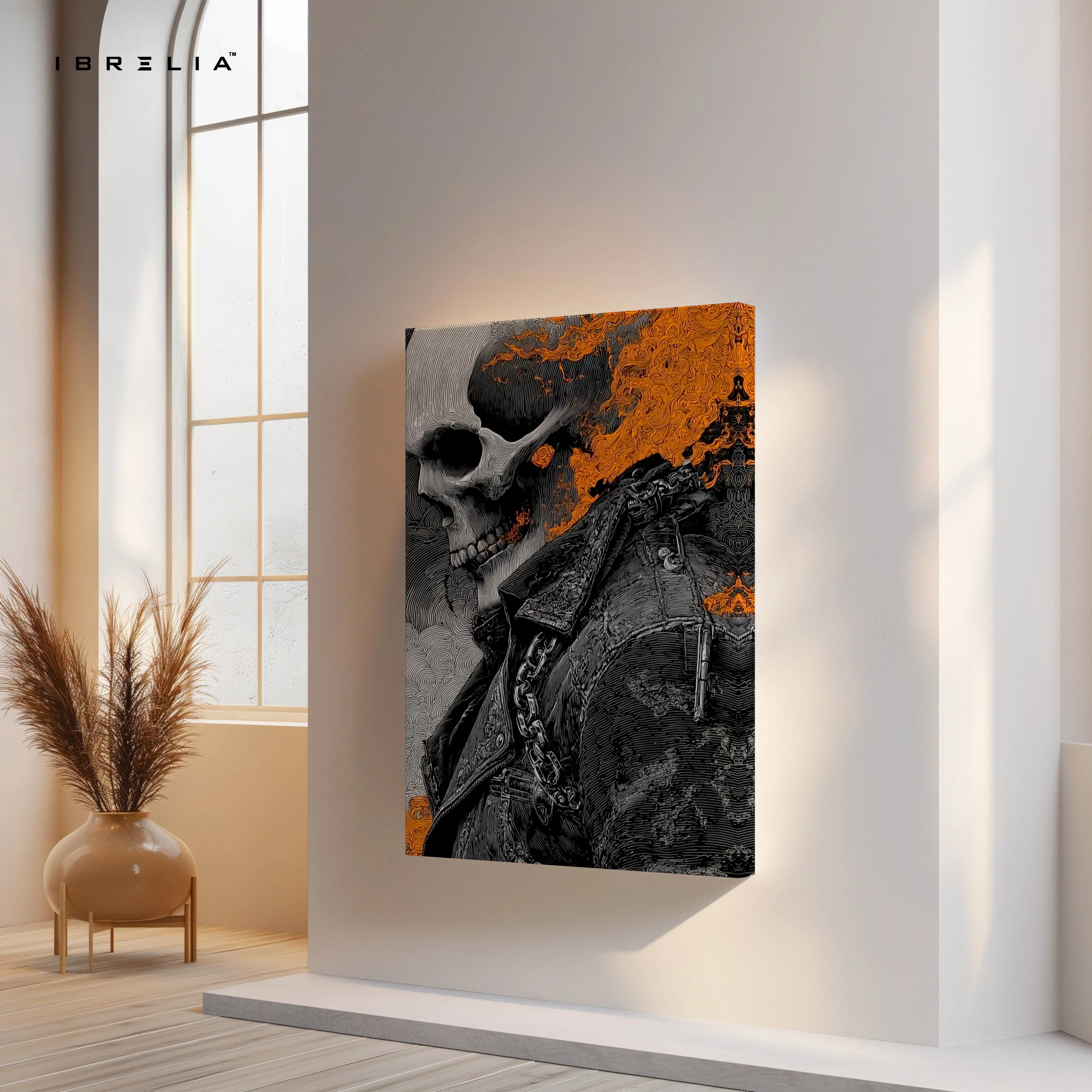 Flaming Skull Wall Art – Dark Biker Canvas Frame | Fire Skull Poster Pakistan | IBRELIA™ IBRELIA