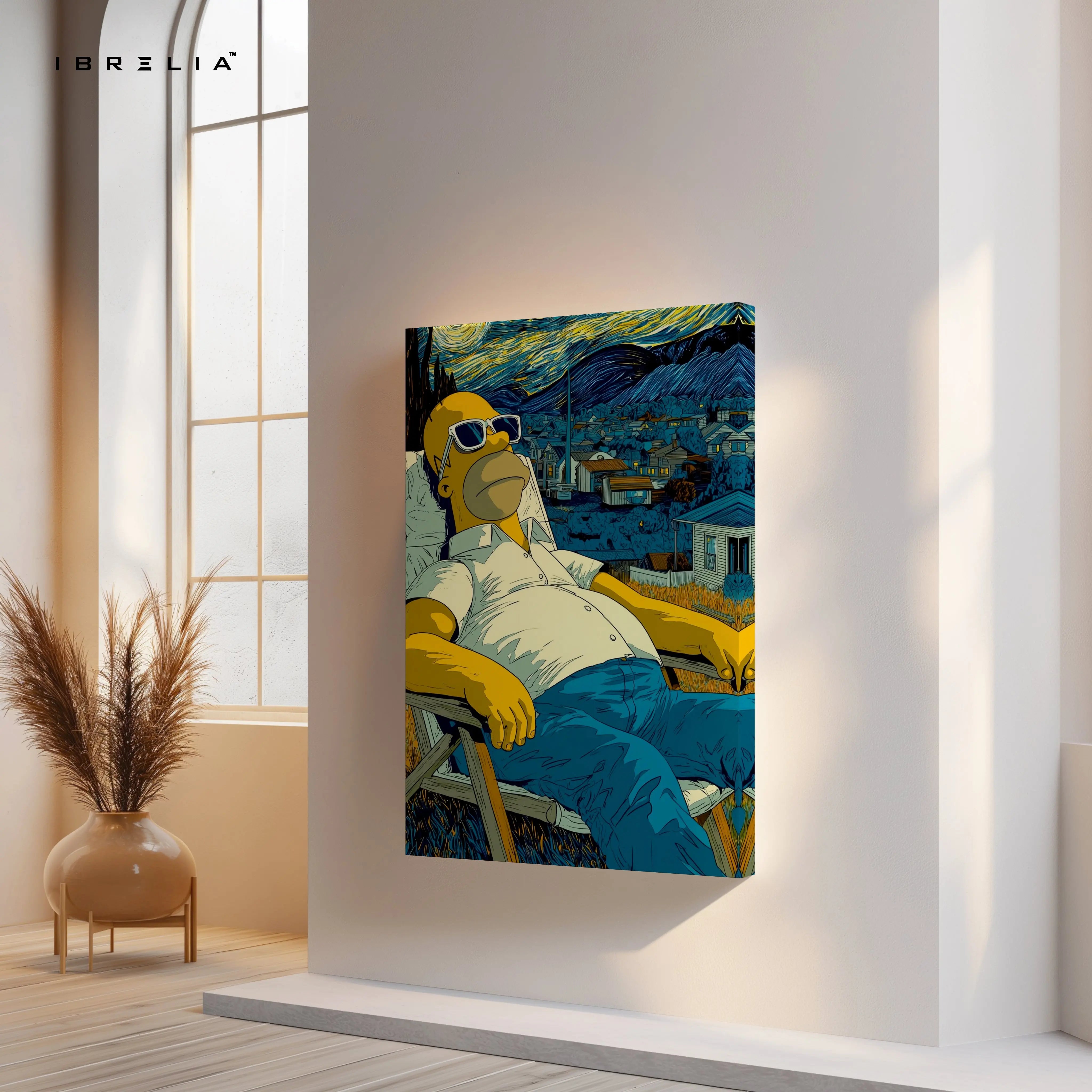 Homer Simpson Starry Chill Wall Art – Artistic Cartoon Canvas Frame | Van Gogh Style Aesthetic Decor Pakistan | IBRELIA™ IBRELIA