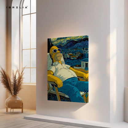 Homer Simpson Starry Chill Wall Art – Artistic Cartoon Canvas Frame | Van Gogh Style Aesthetic Decor Pakistan | IBRELIA™ IBRELIA