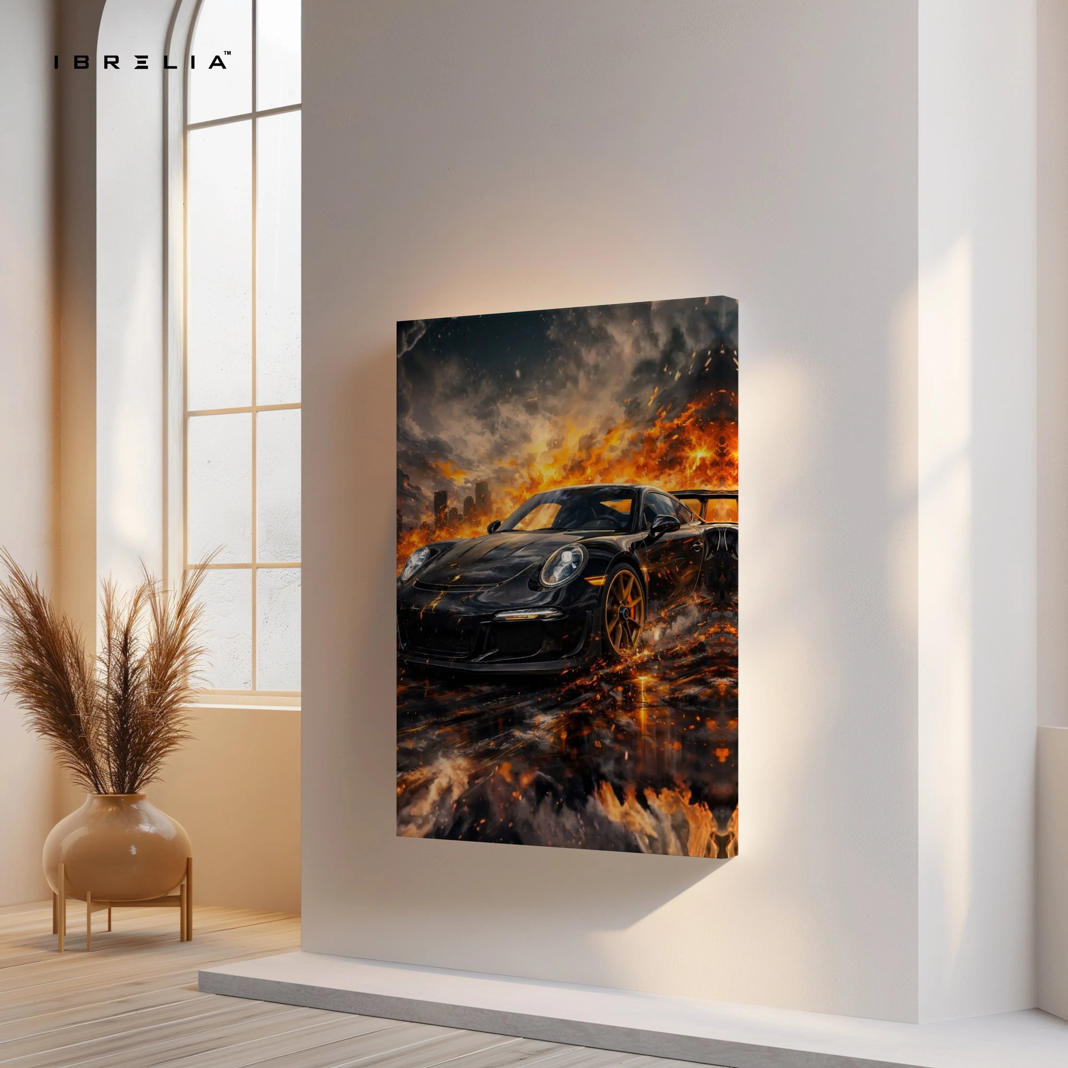 Porsche Firestorm Wall Art – Cinematic Supercar Explosion Poster | 4K Ultra Wrap Frame Wall Art in Pakistan | IBRELIA™ IBRELIA