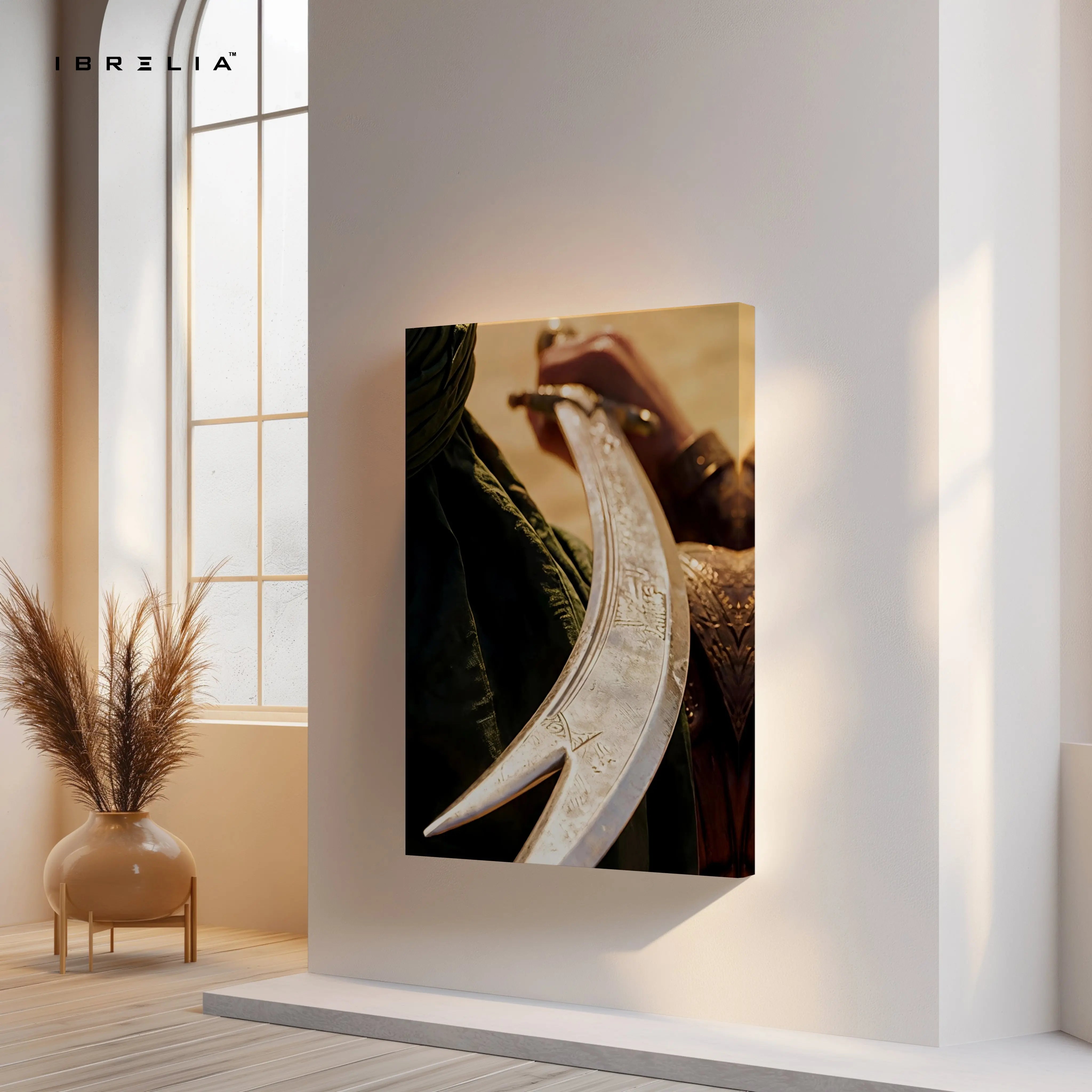 Islamic Warrior Sword Wall Art – Arabic Calligraphy Blade Canvas Frame | Vintage Islamic Art Poster Pakistan | IBRELIA™ IBRELIA