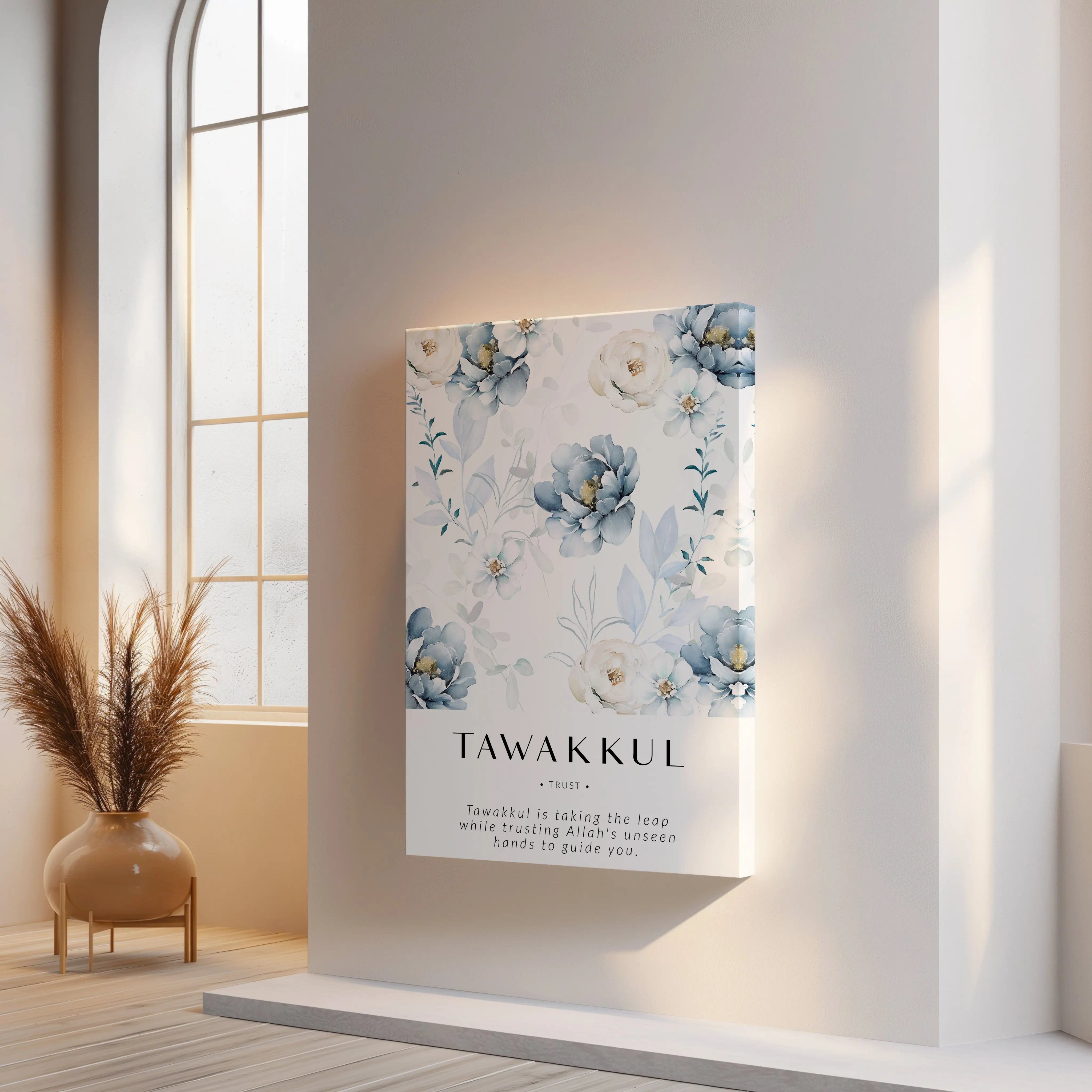 Tawakkul Islamic Wall Art – Blue Floral Trust Design | 4K Ultra Wrap Frame Wall Art in Pakistan | IBRELIA™ IBRELIA