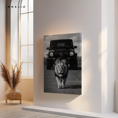 Lion & G Wagon Power Wall Art – Luxury Beast Black & White Canvas Frame | Bold Animal Car Poster Pakistan | IBRELIA™ IBRELIA