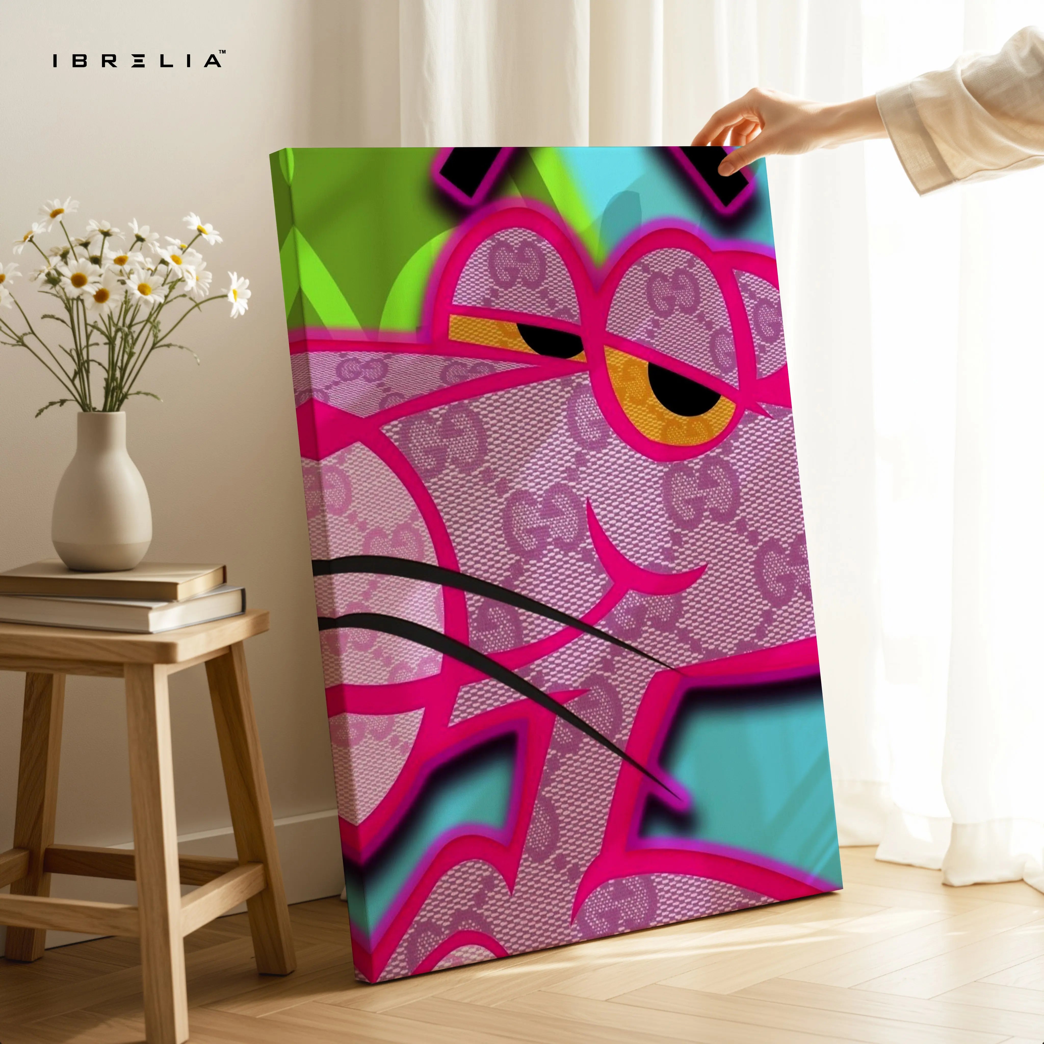 Gucci x Pink Panther Wall Art – Neon Luxury Cartoon Canvas Frame | Designer Street Style Poster Pakistan | IBRELIA™ IBRELIA