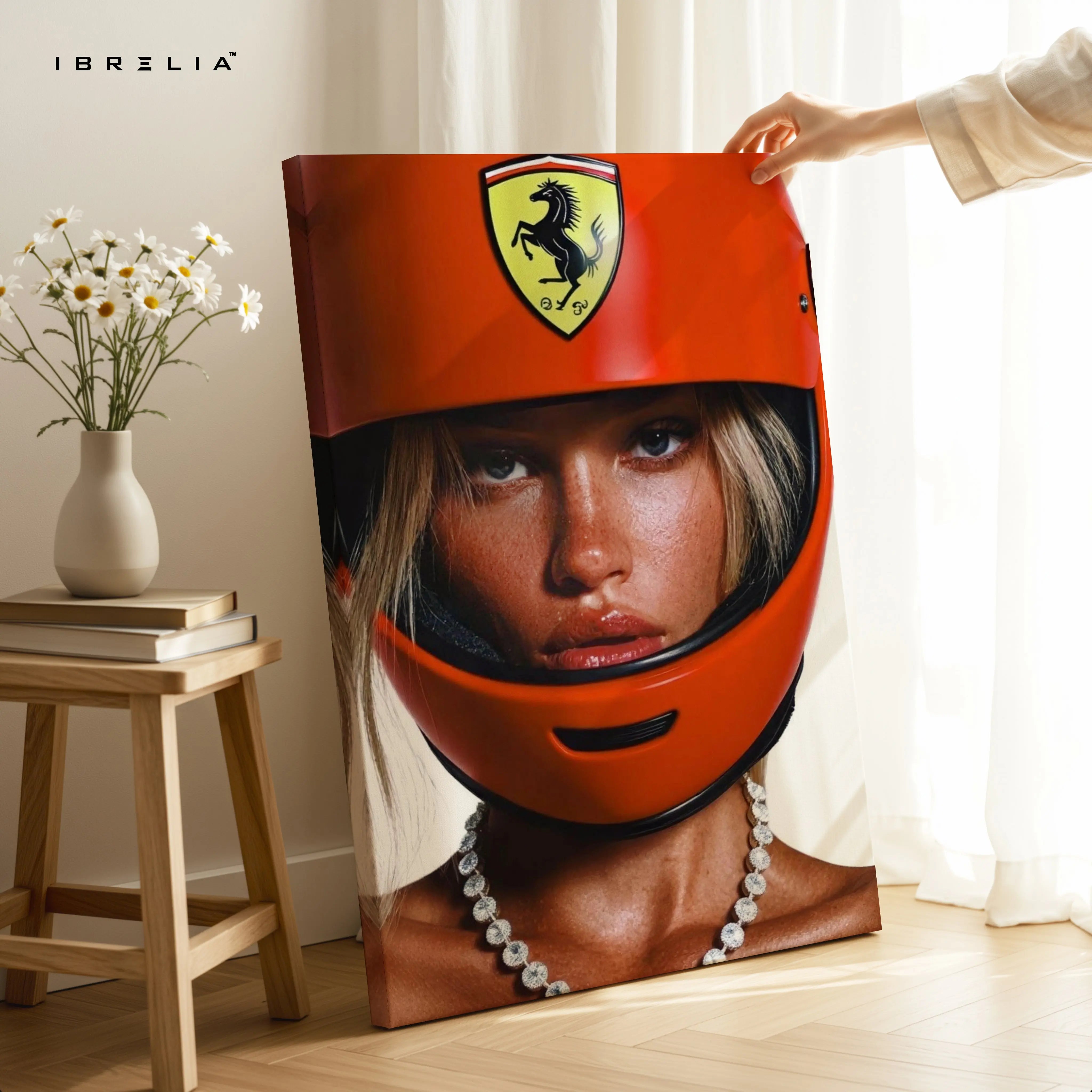 Ferrari Helmet Aesthetic Wall Art – Luxury Racing Canvas Frame Pakistan | Motorsport Fashion Poster | IBRELIA™ IBRELIA