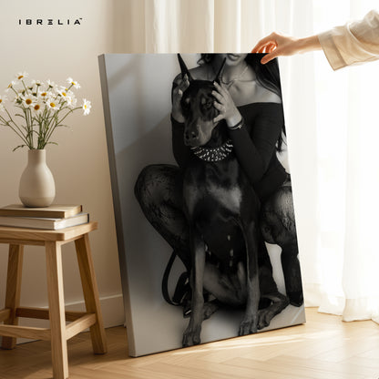 Elegant Doberman with Owner – Black & White Luxury 4K Ultra Wrap Frame Wall Art in Pakistan | IBRELIA™