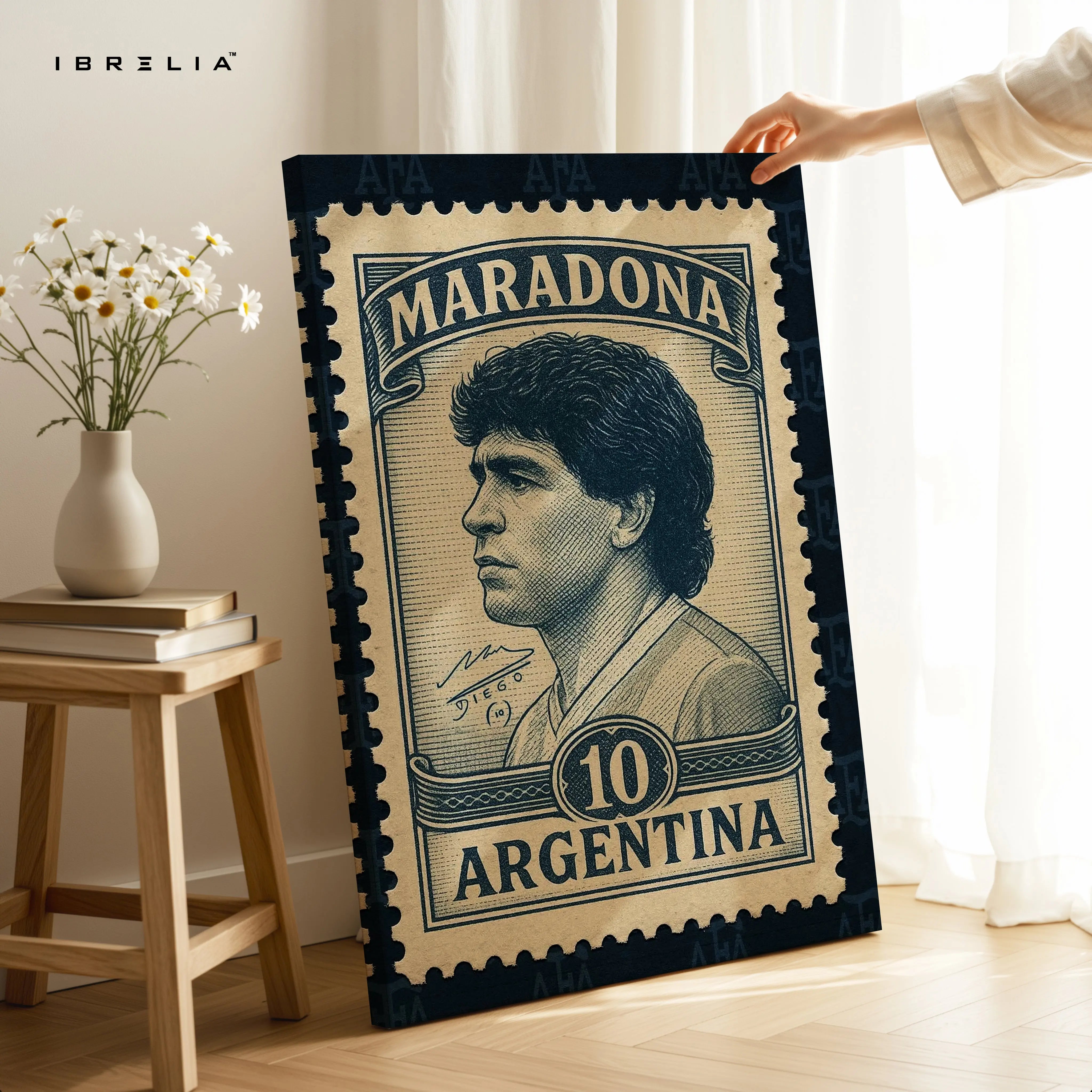 Diego Maradona Vintage Wall Art – Argentina Football Legend Canvas Frame | Retro Stamp Style Poster Pakistan | IBRELIA™ IBRELIA