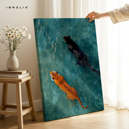 Tiger & Panther Swimming Wall Art – Minimal Wildlife Canvas Frame | Aesthetic Animal Poster Pakistan | IBRELIA™ IBRELIA