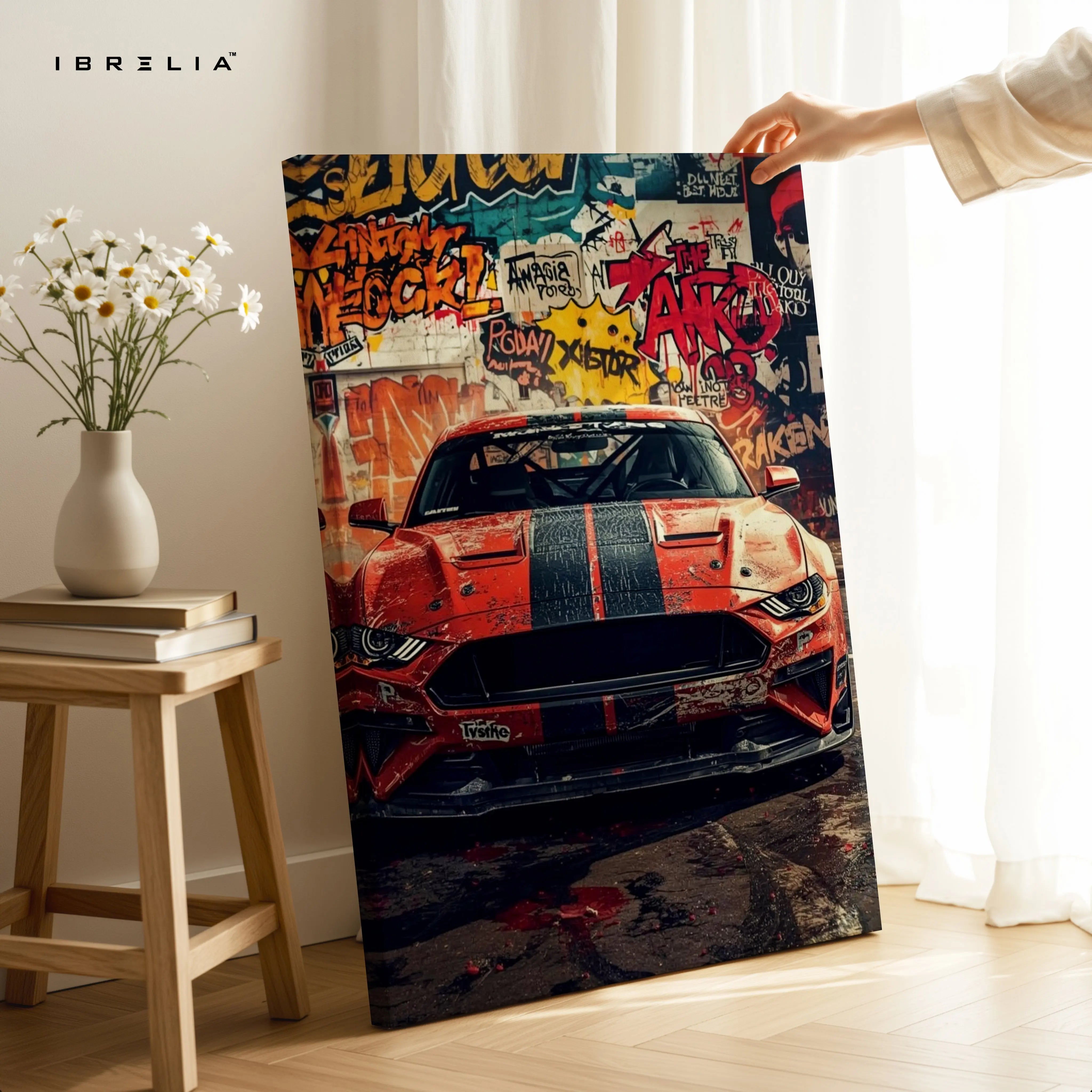 Ford Mustang Graffiti Wall Art – Street Racing Car Canvas Frame Pakistan | Urban Muscle Car Poster | IBRELIA™ IBRELIA