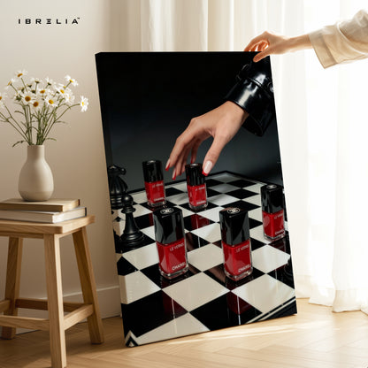 Red Nail Polish Chess Strategy Art – 4K Ultra Wrap Frame Wall Art in Pakistan | IBRELIA™