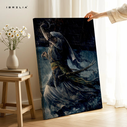 Warrior in Storm Wall Art – Cinematic Battle Canvas Frame | Dark Fantasy Fighter Poster Pakistan | IBRELIA™ IBRELIA
