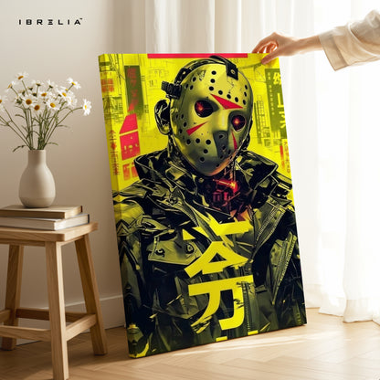 Cyberpunk Jason Mask Art – Neon Horror 4K Ultra Wrap Frame Wall Art in Pakistan | IBRELIA™