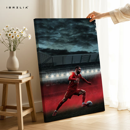 Crimson Night Striker – Cinematic Football Action Art | 4K Ultra Wrap Frame Wall Art in Pakistan | IBRELIA™