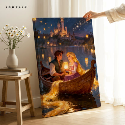 Rapunzel Lantern Boat Romance Wall Art – Fairytale Love Canvas Frame | Magical Couple Decor Pakistan | IBRELIA™ IBRELIA