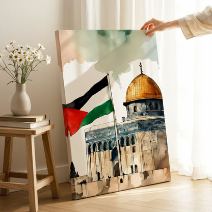 Dome of the Rock Palestine Flag Art – Jerusalem Watercolor Wall Art | 4K Ultra Wrap Frame Wall Art in Pakistan | IBRELIA™